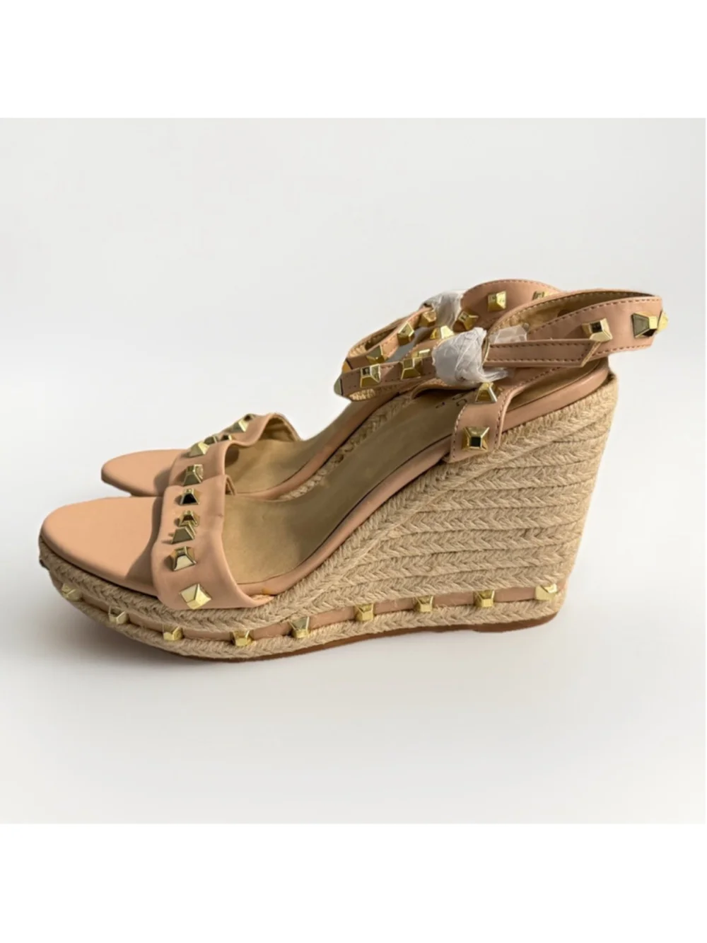 Studded Espadrille Wedge Sandals Women’s Ankle Strap Gold Stud Platform Heels